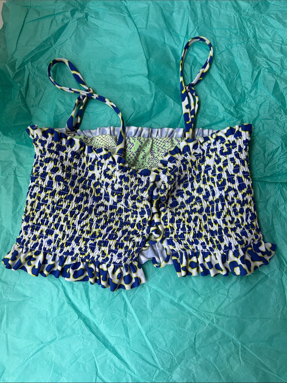 Maaji Blue, White & Yellow Smocked Tie-Front Crop Top